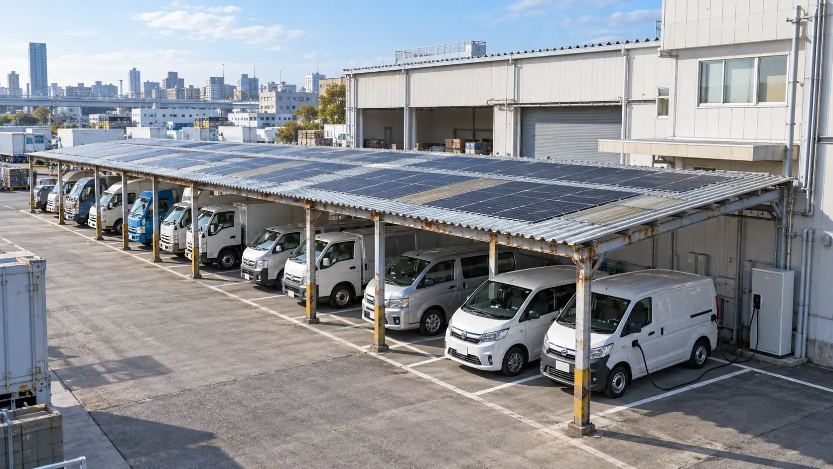 物流事業所の既存簡易カーポートを太陽光対応に改修したイメージ